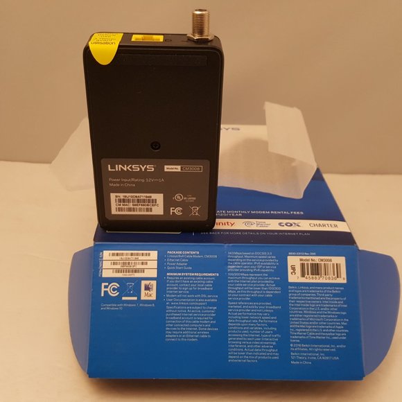 Linksys DOCSIS 3.0 Cable Modem 8 x 4 Bonded Channels Model CM3008 OPEN BOX - Picture 10 of 10
